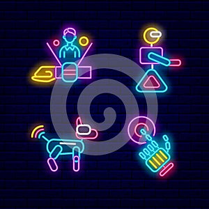 Cyberpunk neon icons set. Digital Watch. Exoskeleton and animal robot. Isolated vector stock illustration