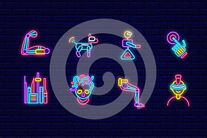 Cyberpunk neon icons set. Exoskeleton and animal robot. Night bright signboard. Isolated vector stock illustration