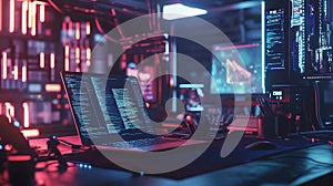 Cyberpunk Neon Laptop Coding Night Digital Workspace Modern Technology Programming Software Developer Screen