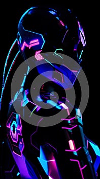 A cyberpunk portrait of futuristic woman soldier with neon strip