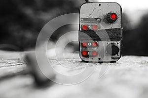 Cyberpunk power control red switch bokeh background