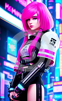 Cyberpunk Pretty Pink Hair Teen Girl in a Futuristic Techno Cityscape