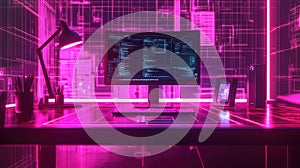 Cyberpunk programmer working on desktop computer coding futuristic software
