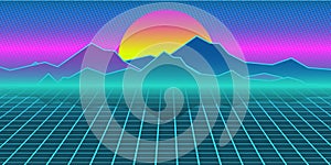 Cyberpunk retro computer background. Mountains, plain and sun