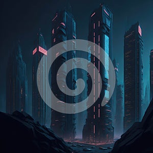 Cyberpunk Sci-Fi Futuristic Modern Skyscrapers, Future City View, Alien Elements, Neon Tube Lights On Facade, Generative AI