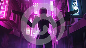 Cyberpunk Silhouette in Neon-Lit Alley