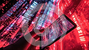 Cyberpunk smartphone interface in a futuristic data world photo
