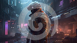 cyberpunk soldier amidst the debris, digital art illustration, Generative AI
