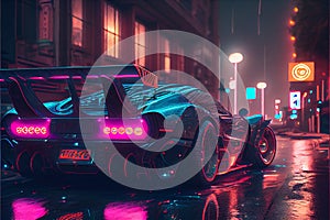 Cyberpunk Sports car driving at nigh city streets with neon lights background