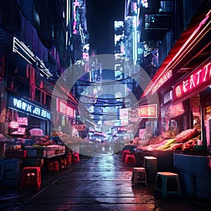 cyberpunk street market with neon signs and street vendors k h photo