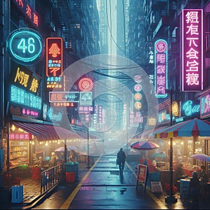 Cyberpunk street market with neon signs and street vendors, po photo