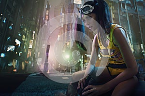 Cyberpunk style brunette beauty posing on a modern city center background photo