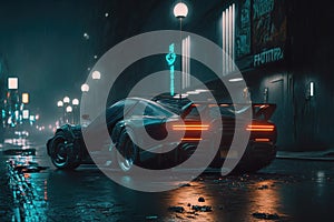 Cyberpunk style car on street of city of future, futurism, neon light. Sports car with big wheels. 3d illustration