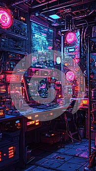 Cyberpunk style computer studio