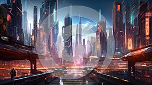 Cyberpunk style futuristic city with towering. Generative AI
