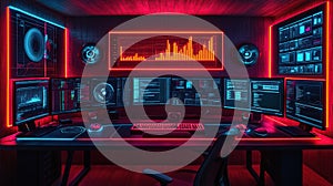 Cyberpunk-style workstation with multiple monitors displaying data visualizations and coding