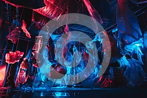 Cyberpunk. suspended art objects from the ceiling, painted red and blue creating 3d visualization, abstract background for design