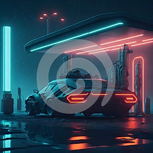 Cyberpunk Synthwave Classic Retro Gas Station Gaming Fast Futuristic Speed Car Model Tube Lights Dark City Landscape Wet Asphalt