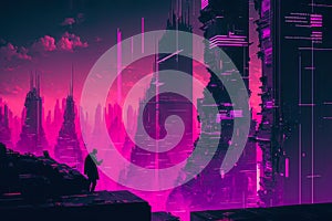 Cyberpunk town, futuristic city, dystopic artwork. Picture of the kid in the town of the future. Generative AI