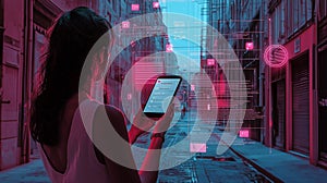 Cyberpunk user interacting with holographic social network photo