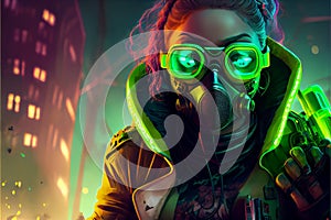 Cyberpunk woman with neon lights cityscape