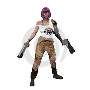 Cyberpunk woman with purple hair, cybernetic arm and eye implants. 3D illustration isolated on white
