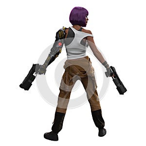 Cyberpunk woman with purple hair, cybernetic arm and eye implants, seen from behind. 3D illustration isolated on white