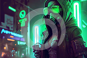 Cyberpunk woman wearing helmet and glasses with acid color neon lights cityscape background