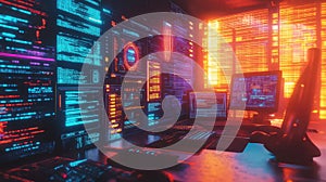 Cyberpunk workstation displaying data and futuristic user interface