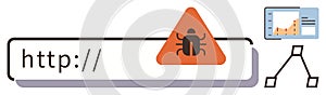 Cybersecurity Alert with Bug Warning on URL Bar and Data Analysis Chart