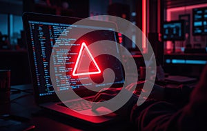 Cybersecurity Alert Neon Triangle Warning Red Digital Code Laptop Screen Risk Data Glow Error Danger