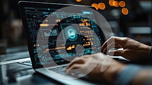 Cybersecurity Analyst Working Late, Analyzing Data on Laptop Screen