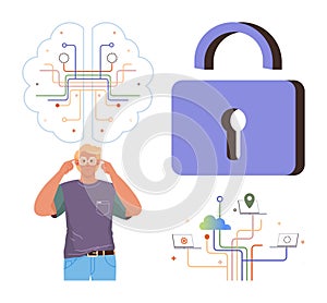 Cybersecurity and Artificial Intelligence Concept with Brain, Lock, and Data Flow Elements