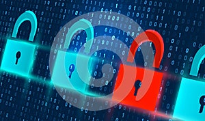 Cybersecurity Breach Concept Red Unlocked Padlock on Binary Code