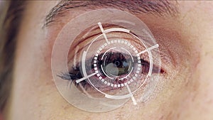 Cybersecurity, closeup and futuristic with scan of eye for biometric, safety and technology. Hologram, 3d and digital