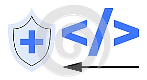 Cybersecurity and Coding Concept with Shield and Programming Symbols for Data Protection