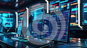 Cybersecurity Command Center with Monitors and Code
