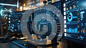 Cybersecurity Command Center with Monitors and Code