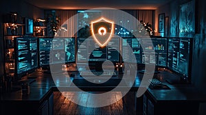 Cybersecurity command center with multiple monitors and neon security icons. AI Generated.