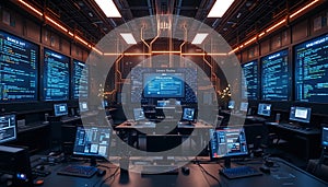 Cybersecurity Command Center with Multiple Screens Displaying Code and Data