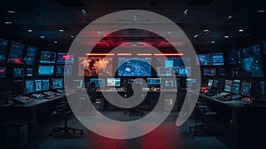 Cybersecurity command center with multiple screens displaying data and network information for analysis