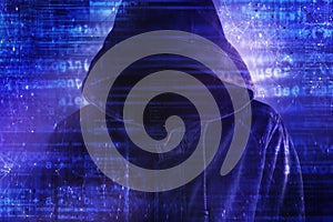 Cybersecurity, computer hacker with hoodie