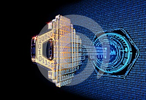 Cybersecurity concept: 3d rendered illustration of a binary code key