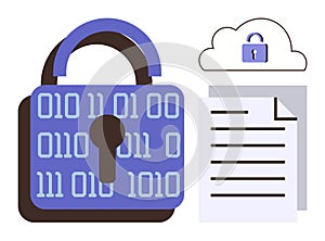 Cybersecurity Concept with Binary Code Lock, Cloud Storage, and Secure Document