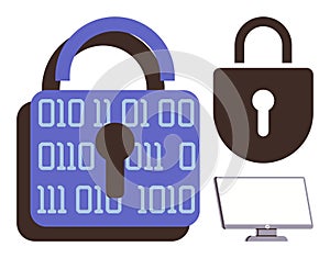 Cybersecurity Concept with Binary Code Lock and Computer Screen