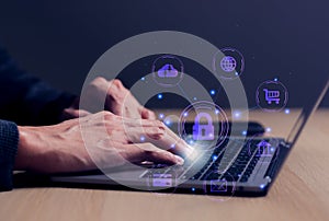 Cybersecurity concept, Businessman using laptop computer. user privacy security and encryption, secure internet access Future