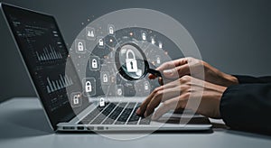 Cybersecurity concept. Danger. Global connection. Digital security shield with padlock.