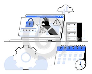 Cybersecurity Concept with Data Protection, Hacking Alert, and Cloud Integration Elements
