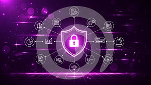 Cybersecurity Concept Digital Data Protection Shield Purple Network Abstract Background