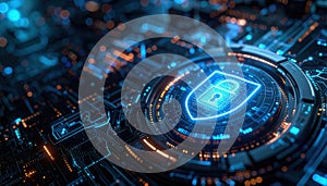 Cybersecurity concept with digital lock icon glowing circuit board